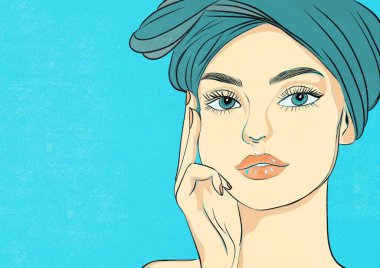Duş aldıktan sonra kafasında havluyla ya da mavi arka planda bir kaplıca gününde banyo yapan güzel bir genç kadın. Güzellik salonu için metin için yeri olan pankart