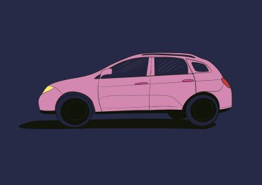 Gece vakti yollarda parlayan pembe renkli kadın arabası. Yolculuk. Barbie stili otomobil yan görünümü mavi arka planda izole edilmiş Küçük elektrikli araba