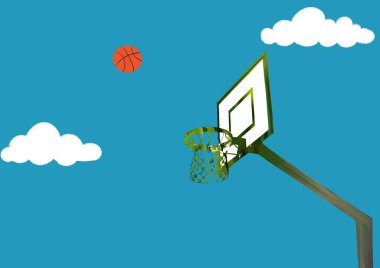 Bulutlu mavi gökyüzüne karşı basketbol sepeti. Spor malzemesi. Yaz günü temiz havada bir topla oynamak gibi. Basketbol havada uçuyor.. 
