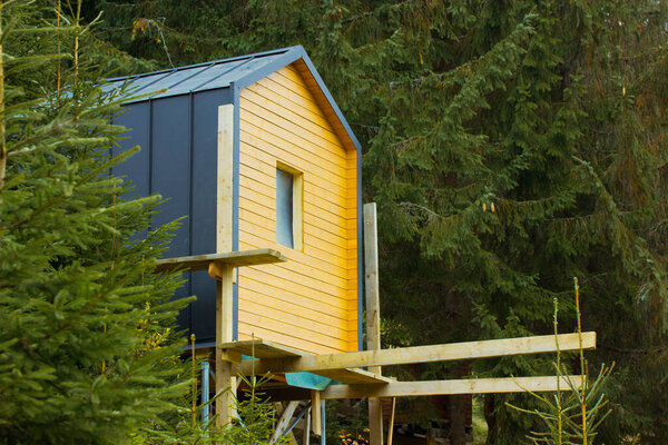 Современная каюта с деревянным сайдингом стоит в пышном лесу, сливаясь с природой. Небольшое здание имеет уникальный дизайн и платформу.