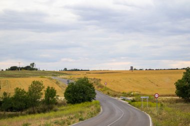 Dolambaçlı bir yol, bulutlu bir gökyüzü altında altın tarlaların ve yemyeşil yeşilliklerin kırsal bir arazisini kesiyor. Manzaralı kırsal bir yol altın çayırlarda kıvrılır.