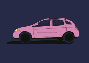 Gece vakti yollarda parlayan pembe renkli kadın arabası. Yolculuk. Barbie stili otomobil yan görünümü mavi arka planda izole edilmiş Küçük elektrikli araba