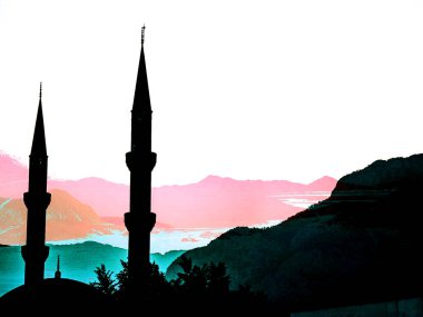 Cami minarelerinin silueti canlı, renkli bir dağ manzarasına karşı. Minareli bir caminin silueti, huzur hissi uyandırıyor.. 