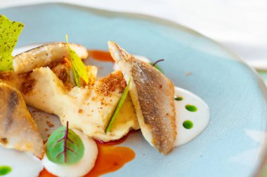 Zarif balık filetoları, patates püresi ve tabakta aromalı bir sos ile sanatsal olarak düzenlenir. Zarif bir yemek deneyimi için dizayn edilmiş patates püresi ve sosla kaplanmış bir balık tabağı..