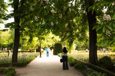 Madrid, İspanya 4 Mayıs 2024 'te sakin bir park sahnesinde yemyeşil ağaçlar, canlı çiçekler ve açık havada güneşin tadını çıkaran insanlarla dolu bir patika vardır..