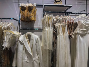 Zarif elbiseler ve şık aksesuarlar sergileyen şık bir butik. Şık kıyafetler ve el çantası koleksiyonunun sergilendiği şık bir mağaza. Lüks perakendenin özünü yakalıyor.. 