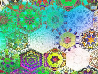 Altıgen şekillerin renkli mozaiği canlı ve sanatsal bir model oluşturuyor. Altıgen şekillerden oluşan canlı, kaleydoskopik bir mozaik. Karmaşık detaylarla benzersiz ve sanatsal bir model oluşturuyor.