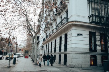 Madrid, İspanya 7 Kasım 2025 Bir grup insan tarihi bir binanın önündeki caddede yürüyor İnsanlar bulutlu bir günde cadde boyunca binalar ve çıplak ağaçlarla yürüyor.