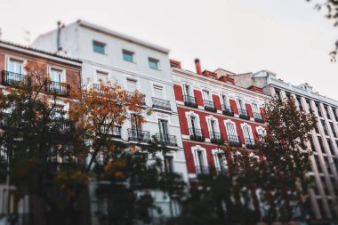 Şehrin klasik mimarisine sahip tarihi binaların çarpıcı bir cephesi. Gündüz şehirde mimari detaylarla dolu güzel bir bina cephesi. Bir dizi ev. Emlak.