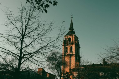 Güneşli bir günde, sonbahar yapraklarıyla eski bir kilisenin güzel kulesi dimdik ayakta duruyor. Tarihi bir kilise kulesi, ağaç dalları ve sonbahar yapraklarıyla süslenmiş pastel mavisi gökyüzüne karşı yükseliyor..