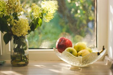 Güneş ışığı, pencere eşiğinde taze meyve ve çiçeklerin olduğu durgun bir hayat. Durgun bir hayat, cam kasede meyveler ve pencere kenarında bir kavanozda çiçekler olan güneşli bir sahneyi yakalar..