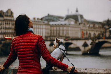 Paris, Fransa 8 Ekim 2024 Kırmızı ceketli kadın ve nehir kenarında küçük Yorkshire teriyeri köpeği. Evcil hayvan, şehir keşfi, arkadaşlık, sonbahar atmosferi, Avrupa şehir turizmi. 