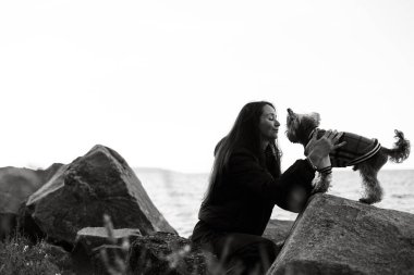 Uzun saçlı, siyah beyaz bir kadının deniz kenarındaki kayalarda giysi giymiş küçük Yorkshire teriyeri köpeğine nazikçe dokunuşunun fotoğrafı. İnsan ve sevimli hayvanın aşk bağlantısını gösteren duygusal bir portre.