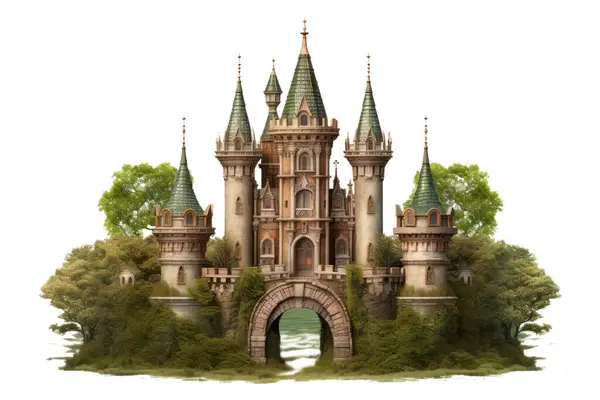 Ortaçağ Kalesi çevresindeki yeşil kadın, şeffaf arka planda izole edilmiş, png dosyası.