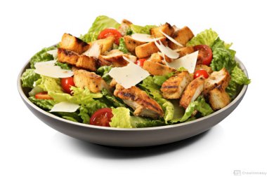 Bir kase taze sezar salatası ve şeffaf arka planda yalıtılmış sebzeler, png dosyası.