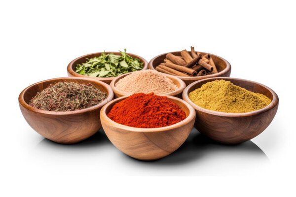 различные индийские специи и приправы на деревянных пластинах изолированы на прозрачном фоне, PNG файл