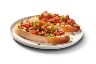 Şeffaf arkaplanda izole edilmiş bir tabakta domates, peynir ve fesleğen ile aperatif bruschetta, png dosyası