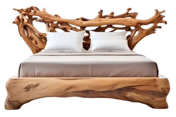 素朴なスタイル 透明な背景 Pngファイルで隔離された自然な木製モダンなベッド ロイヤリティフリーのストック写真