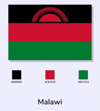 Malawi bayrağının vektör illüstrasyonu açık mavi arkaplanda izole edildi. Renk kodlu Malawi bayrağı. Orijinaline olabildiğince yakın. Kullanıma hazır, düzenlemesi kolay.