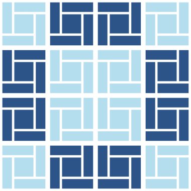 Mavi ve açık mavi seramik taban ve duvar fayanslarının vektör grafiği. Geometrik mozaik doku. Mavi renklerdeki fayansların soyut arkaplanı.