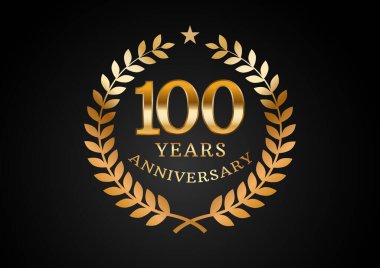 Yıldönümü kutlama geçmişinin vektör grafiği. Siyah arka planda defne çelengi olan 100 yıllık altın yıldönümü logosu. Düğün organizasyonu, doğum günü, davetiye vesaire için iyi tasarım