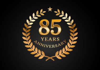 Yıldönümü kutlama geçmişinin vektör grafiği. 85 yıllık altın yıl dönümü logosu ve siyah arka planda defne çelengi. Düğün organizasyonu için iyi tasarım, doğum günü, davetiye, broşür, vs.