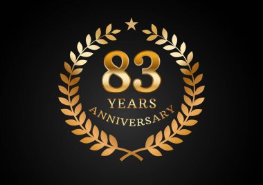 Yıldönümü kutlama geçmişinin vektör grafiği. 83 yıllık altın yıl dönümü logosu ve siyah arka planda defne çelengi. Düğün organizasyonu için iyi tasarım, doğum günü, davetiye, broşür, vs.