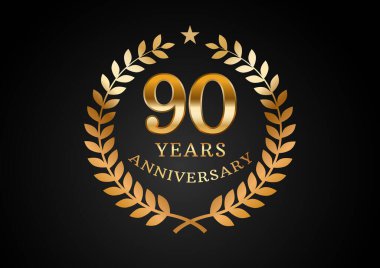 Yıldönümü kutlama geçmişinin vektör grafiği. Siyah arka planda defne çelengi olan 90 yıllık altın yıldönümü logosu. Düğün organizasyonu için iyi tasarım, doğum günü, davetiye, broşür, vs.