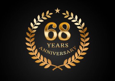 Yıldönümü kutlama geçmişinin vektör grafiği. 68 yıllık altın yıl dönümü logosu ve siyah arka planda defne çelengi. Düğün organizasyonu için iyi tasarım, doğum günü, davetiye, broşür, vs.