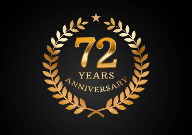 Yıldönümü kutlama geçmişinin vektör grafiği. Siyah arka planda defne çelengi olan 72 yıllık altın yıl dönümü logosu. Düğün organizasyonu için iyi tasarım, doğum günü, davetiye, broşür, vs.