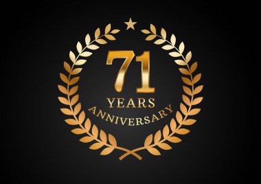 Yıldönümü kutlama geçmişinin vektör grafiği. Üzerinde defne çelengi olan 71 yıllık altın yıl dönümü logosu. Düğün organizasyonu için iyi tasarım, doğum günü, davetiye, broşür, vs.