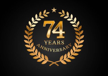 Yıldönümü kutlama geçmişinin vektör grafiği. 74 yıllık altın yıl dönümü logosu ve siyah arka planda defne çelengi. Düğün organizasyonu için iyi tasarım, doğum günü, davetiye, broşür, vs.