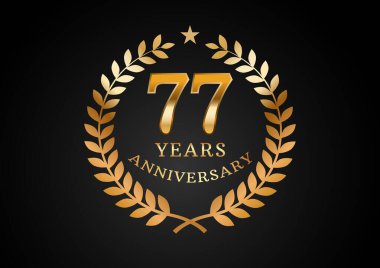Yıldönümü kutlama geçmişinin vektör grafiği. 77 yıllık altın yıl dönümü logosu ve siyah arka planda defne çelengi. Düğün organizasyonu için iyi tasarım, doğum günü, davetiye, broşür, vs.