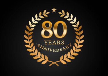 Yıldönümü kutlama geçmişinin vektör grafiği. Seksen yıldır siyah arka planda defne çelengi olan altın yıldönümü logosu. Düğün organizasyonu için iyi tasarım, doğum günü, davetiye, broşür, vs.