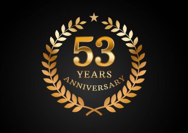 Yıldönümü kutlama geçmişinin vektör grafiği. Siyah arka planda defne çelengi olan 53 yıllık altın yıldönümü logosu. Düğün organizasyonu için iyi tasarım, doğum günü, davetiye, broşür, vs.