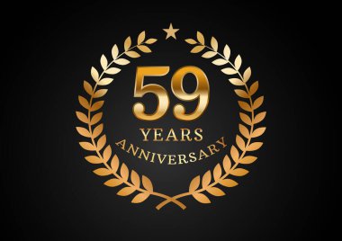 Yıldönümü kutlama geçmişinin vektör grafiği. 59 yıllık altın yıldönümü logosu ve siyah arka planda defne çelengi. Düğün organizasyonu için iyi tasarım, doğum günü, davetiye, broşür, vs.