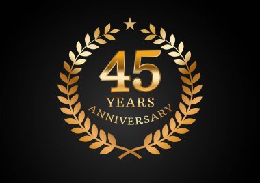 Yıldönümü kutlama geçmişinin vektör grafiği. Siyah arka planda defne çelengi olan 45 yıllık altın yıldönümü logosu. Düğün organizasyonu için iyi tasarım, doğum günü, davetiye, broşür, vs.