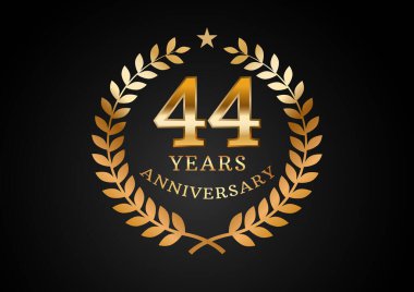 Yıldönümü kutlama geçmişinin vektör grafiği. Siyah arka planda defne çelengi olan 44 yıllık altın yıldönümü logosu. Düğün organizasyonu için iyi tasarım, doğum günü, davetiye, broşür, vs.