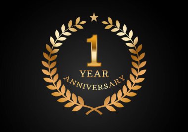 Vector graphic of Anniversary celebration background. 1 year golden anniversary logo with laurel wreath on black background. Good design for wedding party event, birthday, invitation, brochure, etc clipart