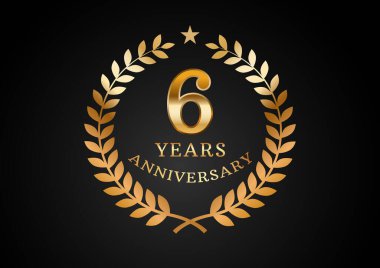 Yıldönümü kutlama geçmişinin vektör grafiği. Altıncı yıl dönümü logosu ve siyah arka planda defne çelengi. Düğün organizasyonu için iyi tasarım, doğum günü, davetiye, broşür, vs.