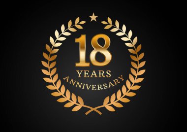 Yıldönümü kutlama geçmişinin vektör grafiği. Siyah arka planda defne çelengi olan 18 yıllık altın yıldönümü logosu. Düğün organizasyonu için iyi tasarım, doğum günü, davetiye, broşür, vs.