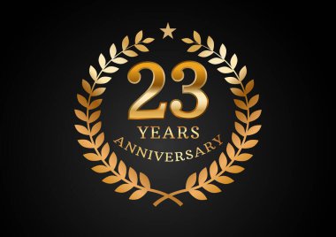 Yıldönümü kutlama geçmişinin vektör grafiği. Siyah arka planda defne çelengi olan 23 yıllık altın yıldönümü logosu. Düğün organizasyonu için iyi tasarım, doğum günü, davetiye, broşür, vs.