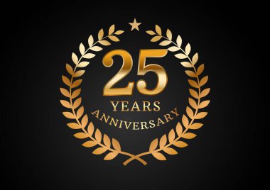 Yıldönümü kutlama geçmişinin vektör grafiği. Siyah arka planda defne çelengi olan 25 yıllık altın yıldönümü logosu. Düğün organizasyonu için iyi tasarım, doğum günü, davetiye, broşür, vs.