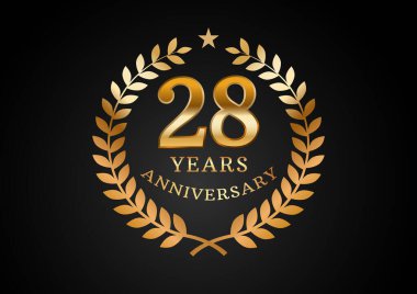 Yıldönümü kutlama geçmişinin vektör grafiği. Siyah arka planda defne çelengi olan 28 yıllık altın yıldönümü logosu. Düğün organizasyonu için iyi tasarım, doğum günü, davetiye, broşür, vs.