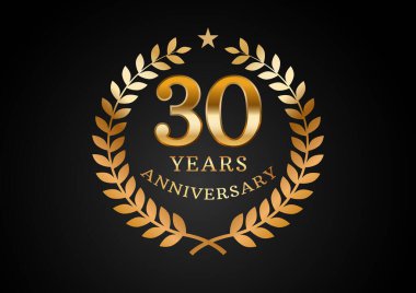 Yıldönümü kutlama geçmişinin vektör grafiği. Siyah arka planda defne çelengi olan 30 yıllık altın yıldönümü logosu. Düğün organizasyonu için iyi tasarım, doğum günü, davetiye, broşür, vs.