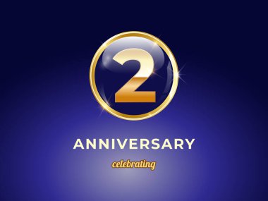 Koyu mavi eğimli arka planda altın yüzük çerçeveli yuvarlak mavi parlak düğmeli ikinci yıl dönümü logosu. Kutlama etkinliği, doğum günü vesaire için iyi tasarım..
