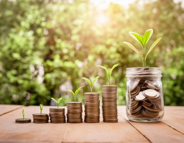 Paralar parlak yeşil arka planda yan yana istiflenmiş. Zenginlik kavramı, para büyümesi