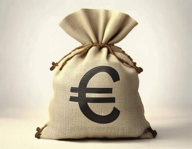 Avro sembollü bir çanta dolusu para. Bankacılık konsepti para çantası finansal gerçeklik simgesi. Beyaz şeffaf arkaplanda izole.