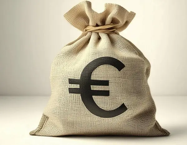 Avro sembollü bir çanta dolusu para. Bankacılık konsepti para çantası finansal gerçeklik simgesi. Beyaz şeffaf arkaplanda izole.