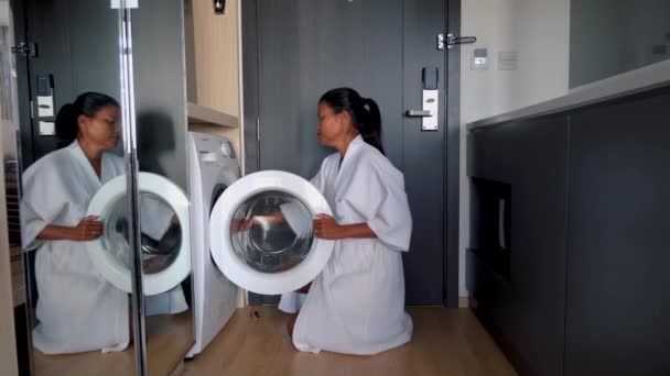 Thai Asian Women Laundry Putting Clothes Machine Women Laundry Machine — Stock Video